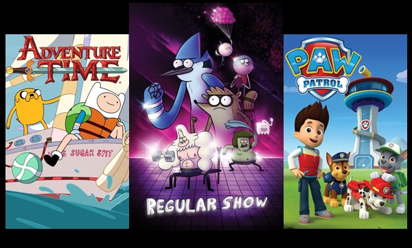 TV shows and movies for kids like Adventure Time, Regular Show, and Paw Patrol