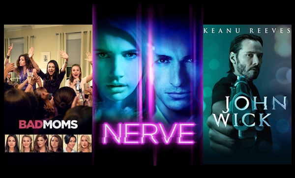 Blockbuster and classic movies like Bad Moms, Nerve, and John Wick